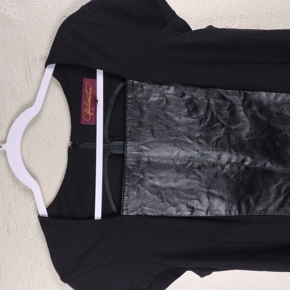 Hal Rubenstein Black Leather Rayon Square Neckline Short Sleeve Waist Length Top - Picture 2 of 13